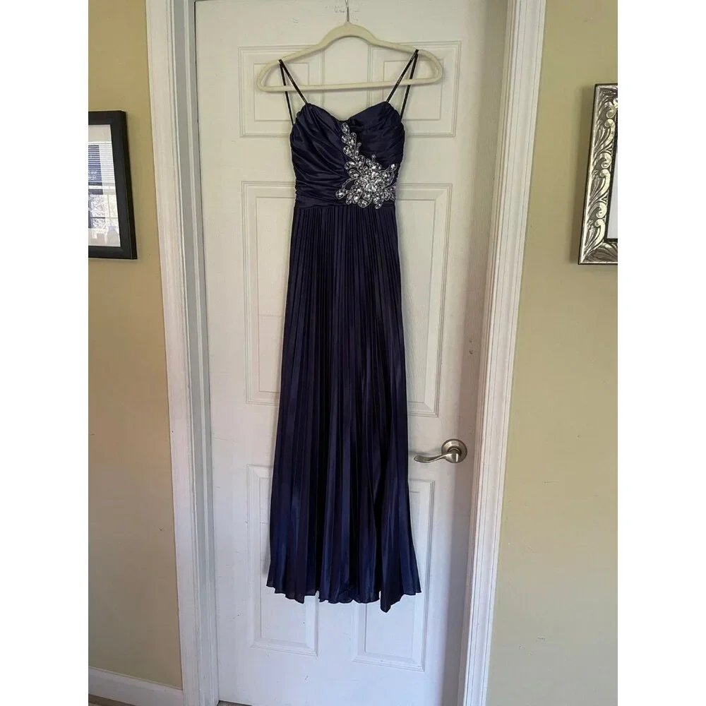 B Darlin Formal Maxi Evening Dress Navy Bridesmaid Prom Holiday Beaded Strapless - Picture 9 of 9